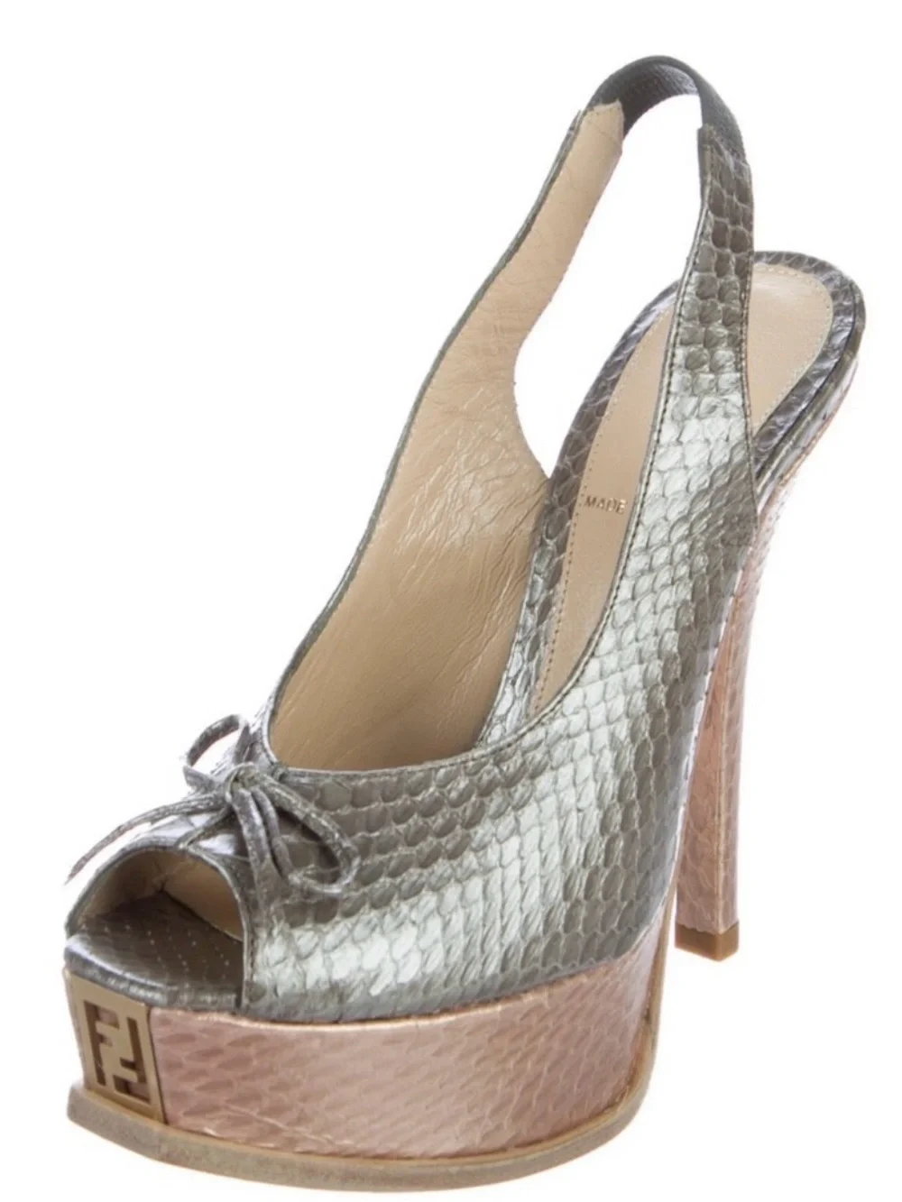 Fendi Silver Metallic Snake-Embossed Peep-Toe Platform Slingback